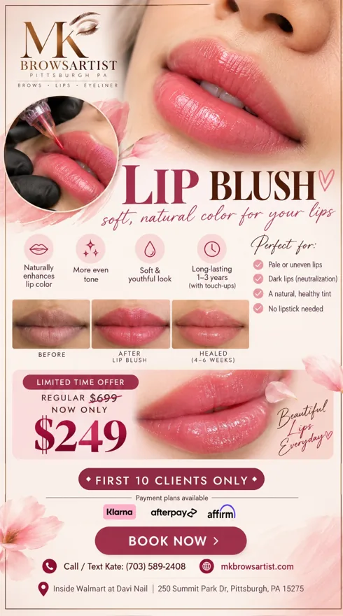 Lip Blush special offer poster: regular $699, now only $249, first 10 clients only, MK Brows Artist Pittsburgh
