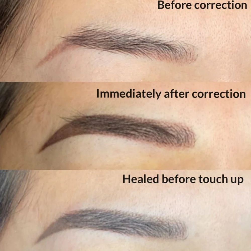 Brow correction by MK Brows Artist Pittsburgh, from before treatment to healed result